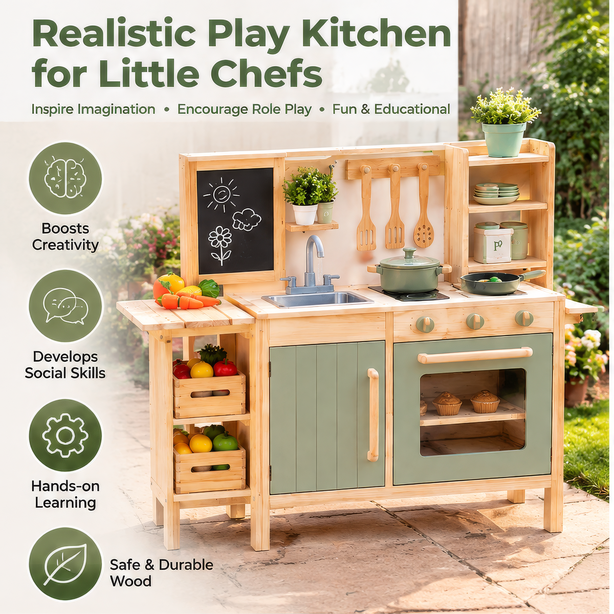FUNMODO® Wooden Pretend Play Kitchen Set for Kids
