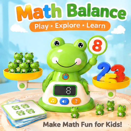 Math Balance educational toy with frog counters and colorful numbers