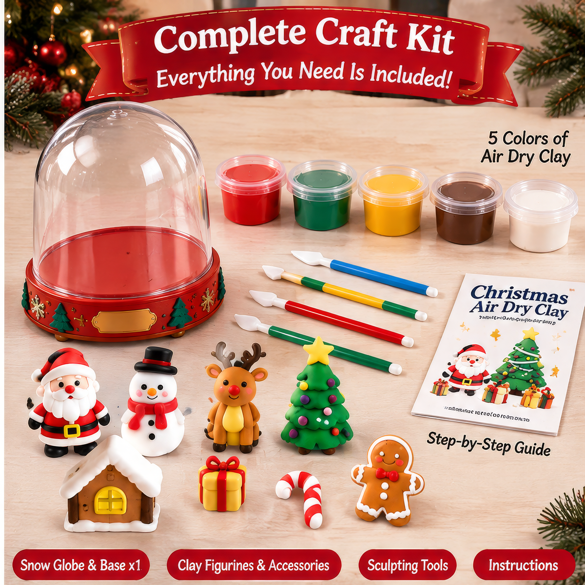 FUNMODO® Christmas Air-Dry Clay Craft Kit with Snow Globe Display