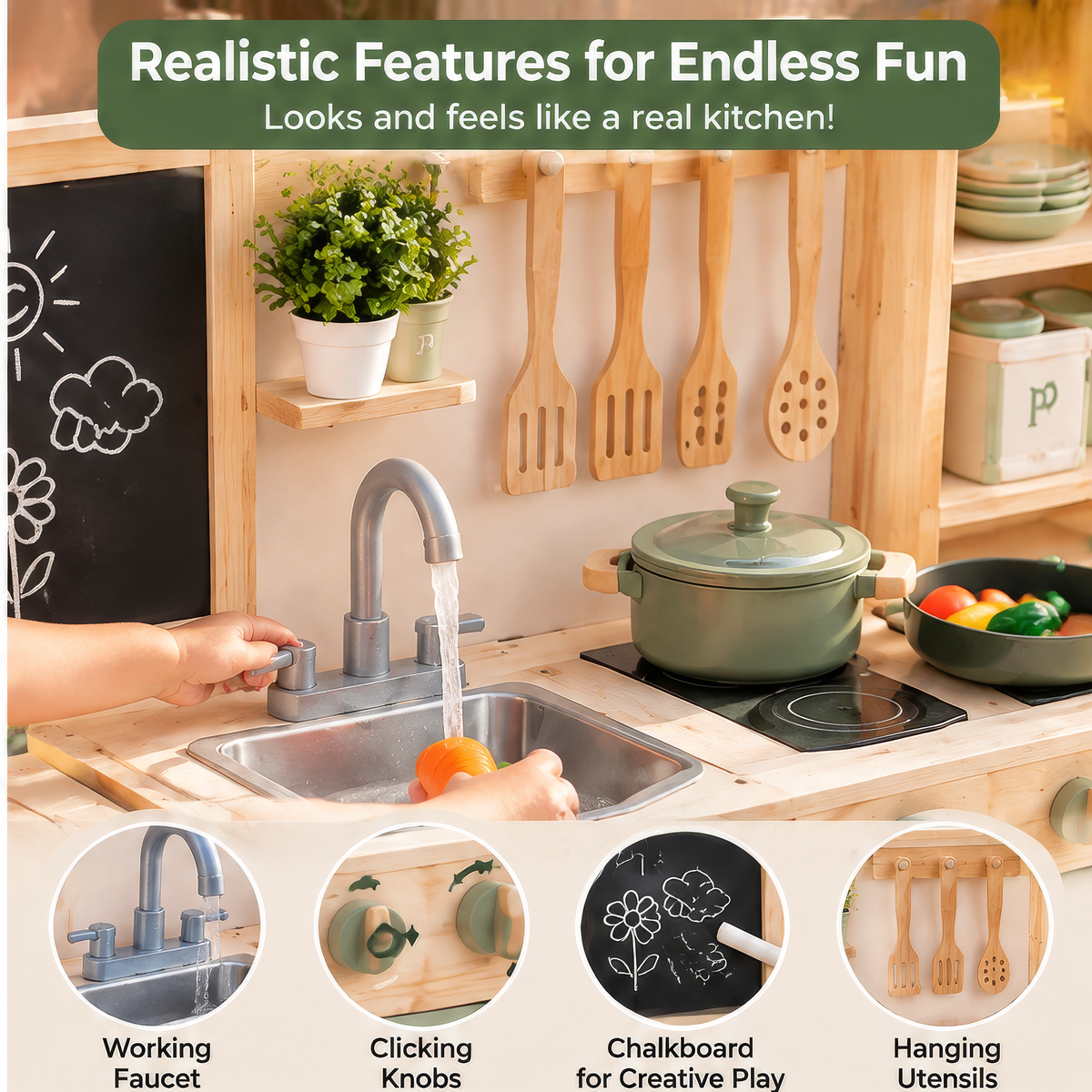 FUNMODO® Wooden Pretend Play Kitchen Set for Kids